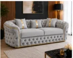 Luxury Light Grey Chesterfield 3 Seater Sofa with Gold Trim | Velvet Sofa UK