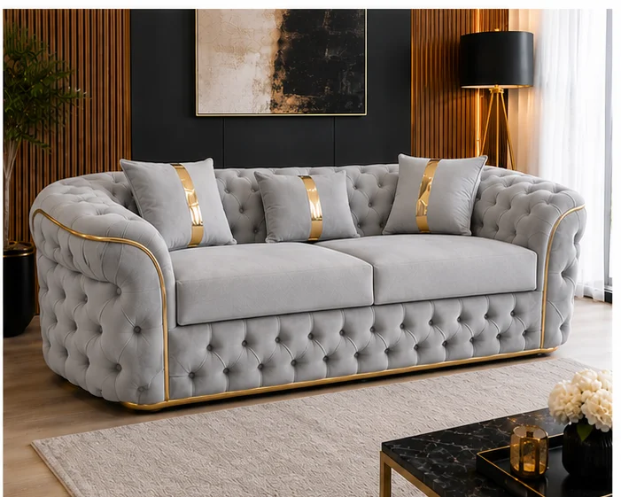 light_grey_sofa_angle_2 Luxury Light Grey Chesterfield 3 Seater Sofa with Gold Trim | Velvet Sofa UK - Image 1