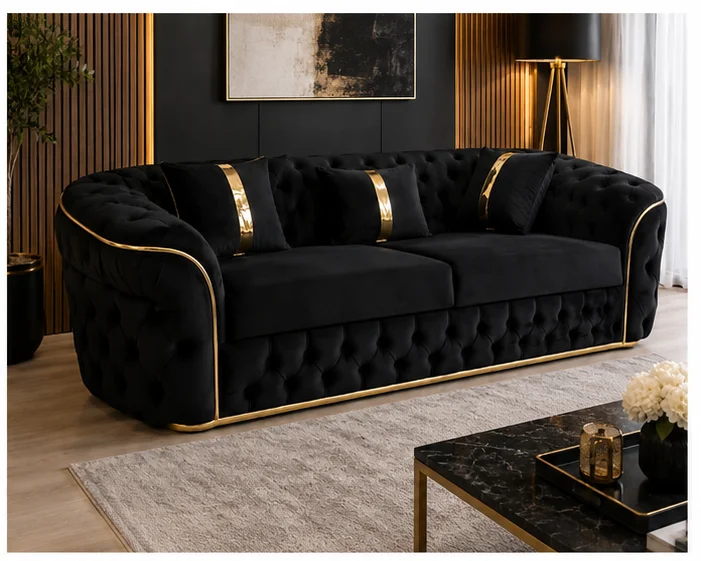 sofa_angle_2 Luxury Black Chesterfield 3 Seater Sofa with Gold Trim | Velvet Sofa UK - Image 1
