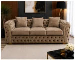 Luxury Taupe Chesterfield 3 Seater Sofa with Gold Trim | Velvet Sofa UK - Image 2