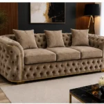 Luxury Taupe Chesterfield 3 Seater Sofa with Gold Trim | Velvet Sofa UK