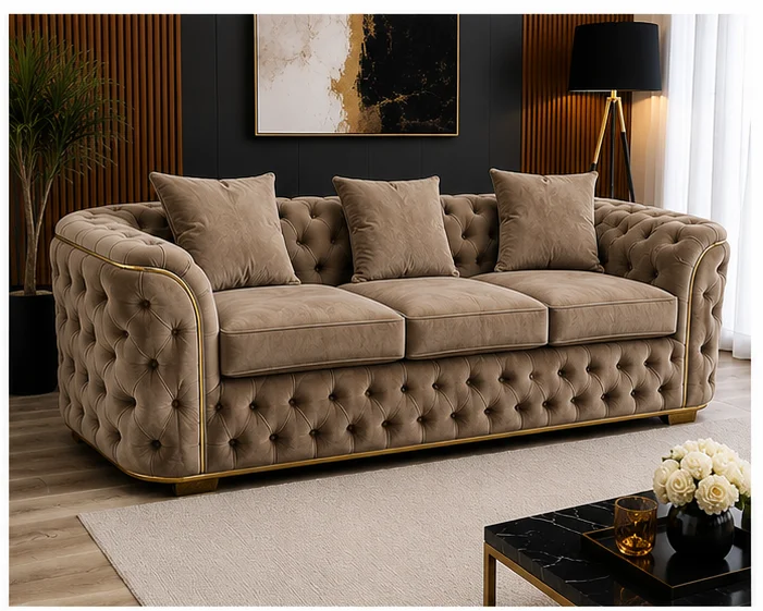taupe_sofa_clean_angle_2 Luxury Taupe Chesterfield 3 Seater Sofa with Gold Trim | Velvet Sofa UK - Image 1