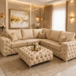Luxury 5 Seater Corner Sofa Beige - Modern Deep Button Chesterfield Style Sofa
