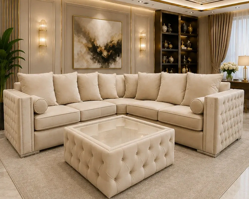 1 Exclusive Living Room Sofa Set with Fully Tufted Side Panels, Premium Cushions and Contemporary Luxury Design Elegant 5 Seater Beige Corner Sofa - Premium Living Room Sofa - Image 1