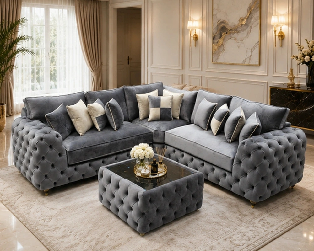 1 Plush Chaise Lounge Sofa Collection with Refined Tufted Detailing Light Grey Corner Sofa - Luxury L Shape Sofa with Deep Button Detailing - Image 1