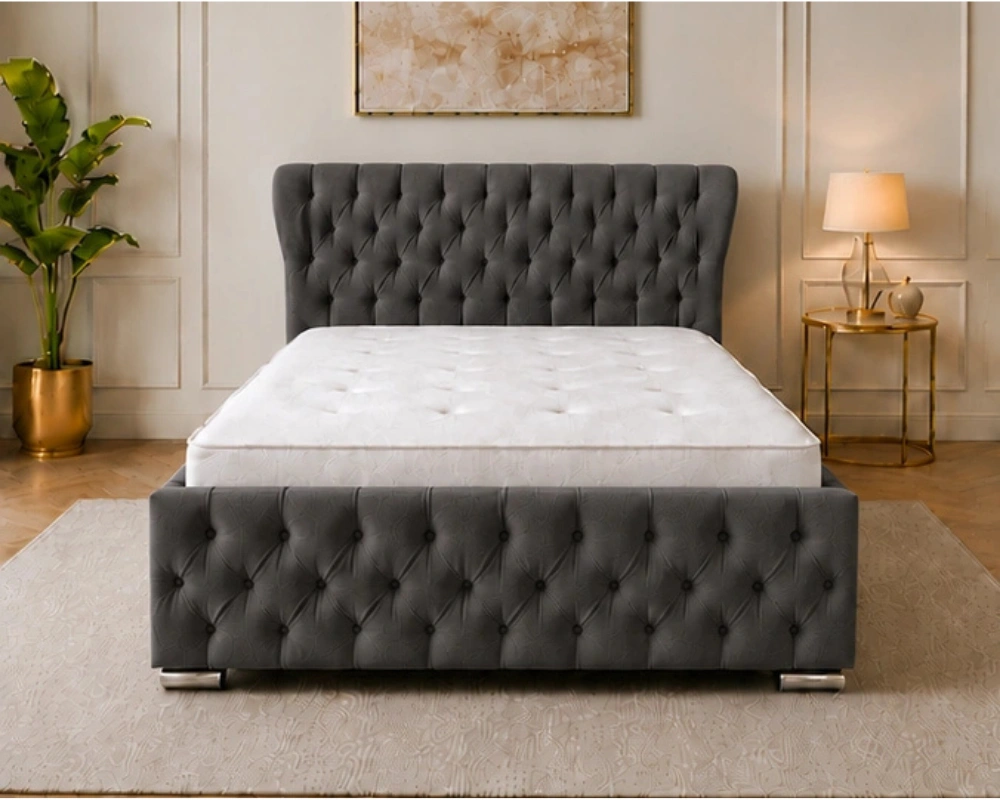 1 dark grey Luxury Tufted Upholstered Bed Slate Grey Oxford Super King Bed – Sophisticated 6ft Frame with Plush Upholstery & Mattress - Image 1