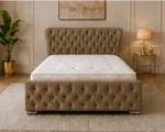 Rich Coffee Brown Super King Oxford Bed with mattress – Elegant 200 × 200 cm Padded Design