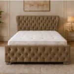 Rich Coffee Brown Super King Oxford Bed with mattress – Elegant 200 × 200 cm Padded Design