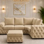 Warm Oak 4 Seater Sofa – Elegant Buttoned Arms & Deep Cushioned Seating