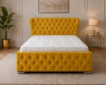 Mustard Yellow Double Oxford Bed with Mattress – 4ft 6in Luxury Upholstered Design