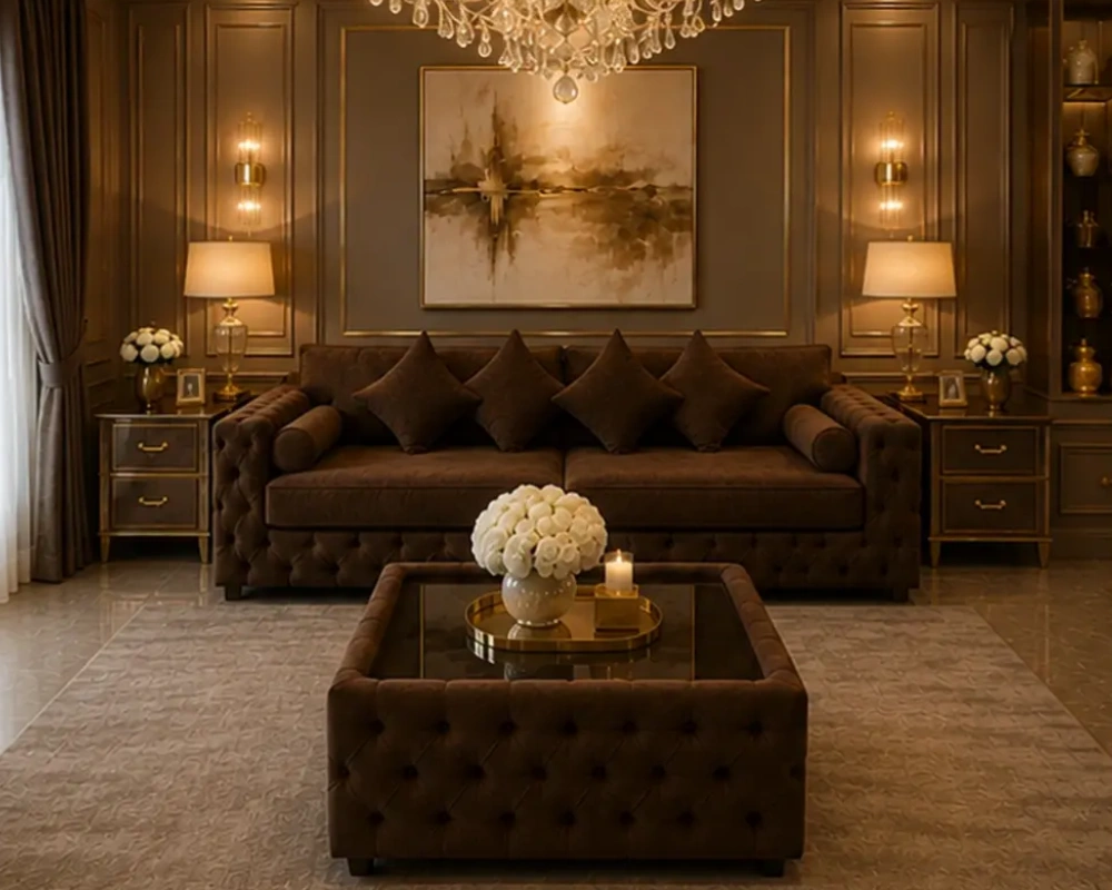 11 Grand Lounge Couch with Comfortable Multi Cushion Seating Walnut 3 Seater Sofa – Luxury Tufted Chesterfield Living Room Design - Image 1
