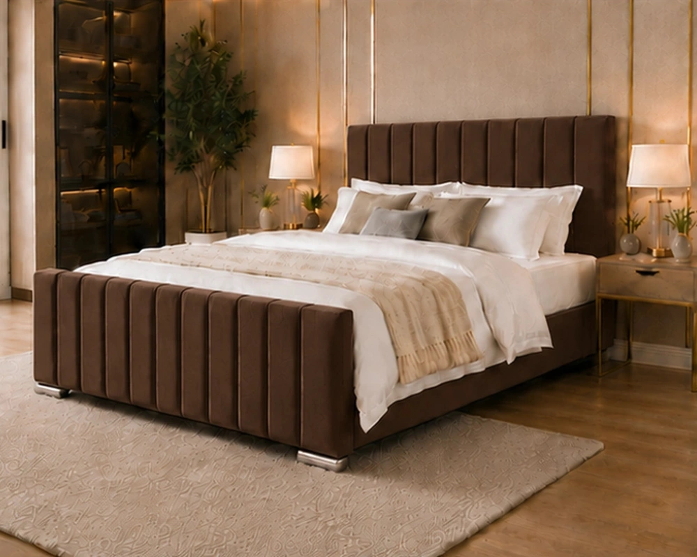 11 Modern Bedroom Furniture with Elegant Padded Headboard and Premium Fabric Luxury Bedroom Super King Bed Frame – Panel Line Super King Size Bed with Mattress - Image 1