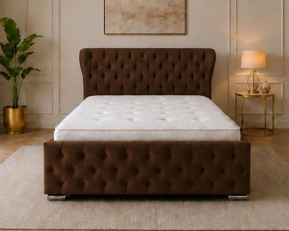 14 Oxford Decorative Wingback Headboard Bed Mahogany Wine Super King Oxford Bed – Elegant 200 × 200 cm Padded Frame with Mattress - Image 1