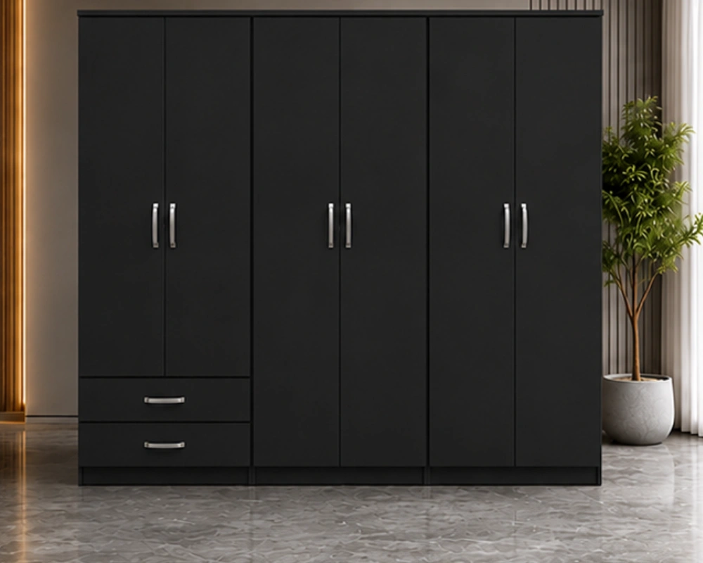6 Door Wooden Wardrobe with 2 Bottom Drawers Bedroom Furniture Modern 6 Door Wardrobe with 2 Bottom Drawers Large Clothes Storage - Image 1