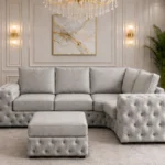 Premium Light Grey 4 Seater Sofa – Stylish Plush Corner Couch with Button Detail