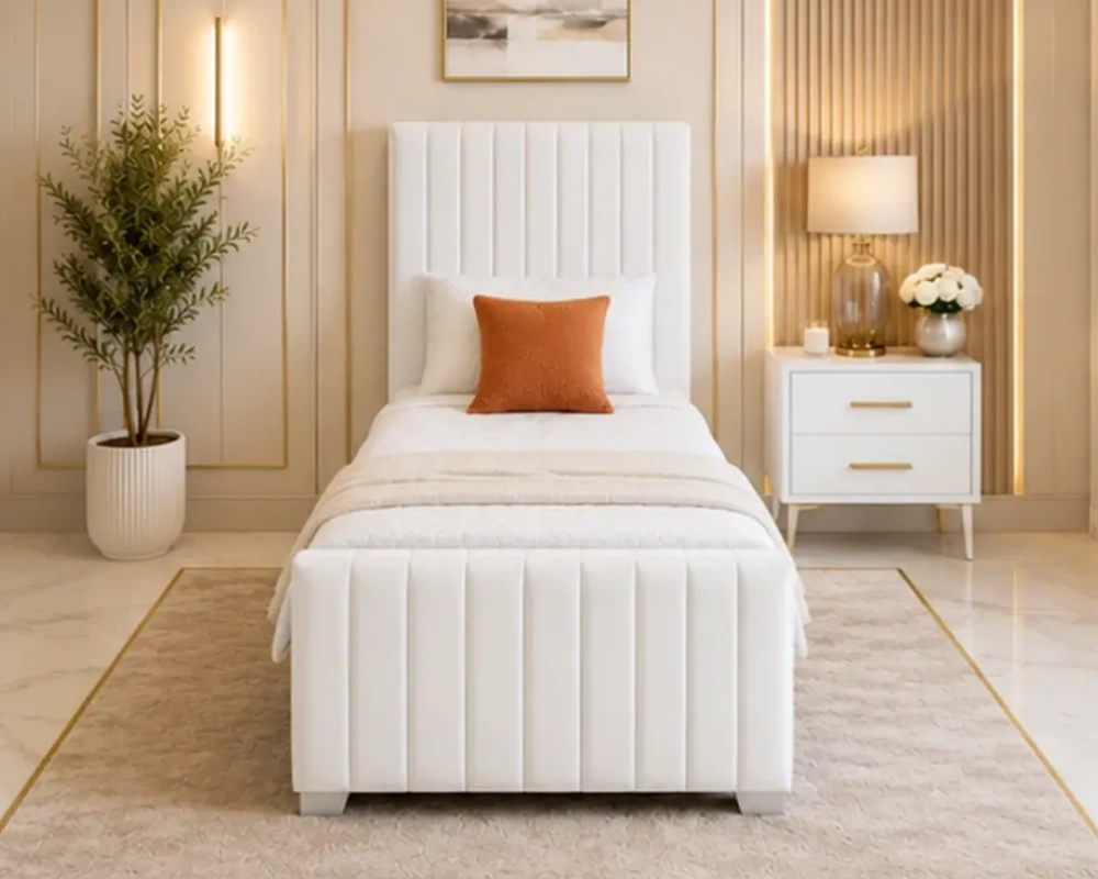 2 Practical Single Bed Frame with Stylish Headboard and Strong Construction for Home Bedrooms White Single Bed –Modern Panel Line Single Bed with Mattress - Image 1
