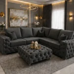 5 Seater Dark Grey Corner Sofa - Luxury Button Tufted Living Room Sofa