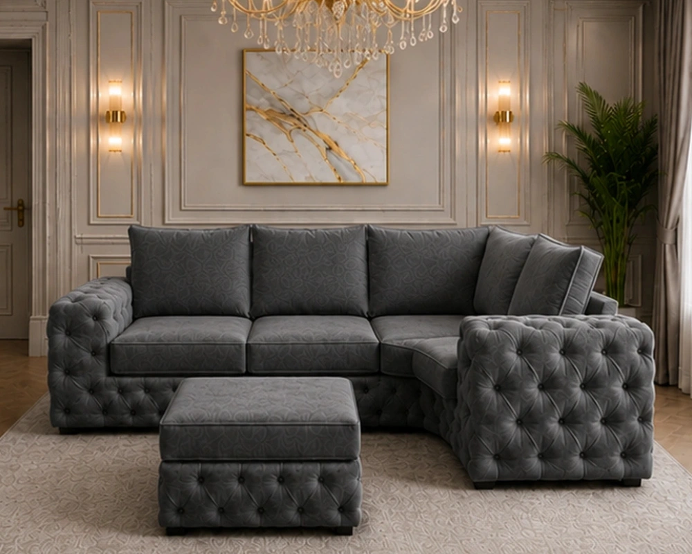 3 Grand Sectional Couch with Comfortable Extended Seating Dark Grey 4 Seater L Shape Sofa β Elegant Deep Button Tufted Corner Couch - Image 1
