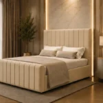 Beige Super King Bed – Panel Line Super King Size Bed with Mattress – 200 x 200 cm