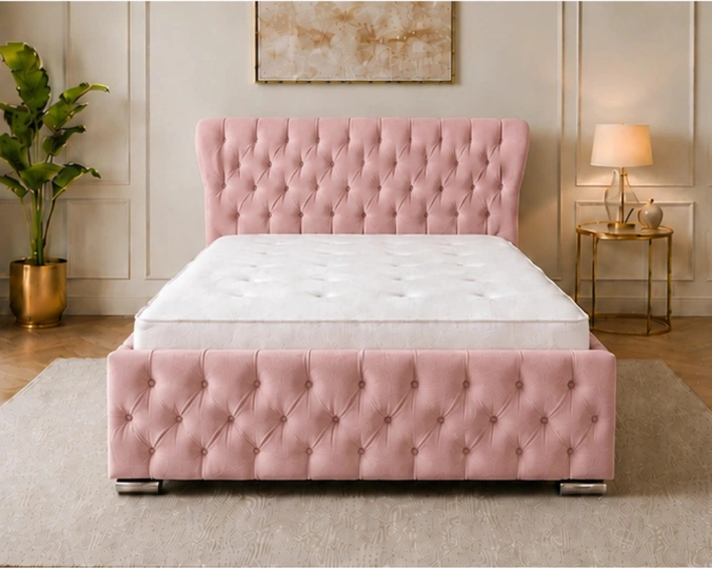 3 Premium pink oxford Fabric Bed Frame Antique Rose Oxford Super King Bed – Stylish 6ft Padded Headboard with Mattress - Image 1
