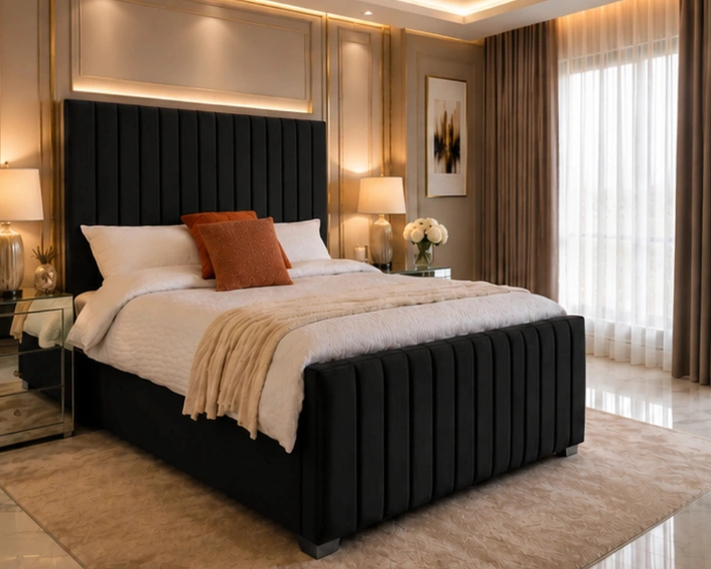 3 Stylish Modern Bedroom Double Bed with Comfortable Upholstered Headboard and Strong Build Stylish Black King Panel Size Bed With Mattress - Image 1