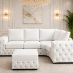 Premium White 4 Seater L Shape Sofa – Luxury Tufted Corner Couch with Matching Footstool