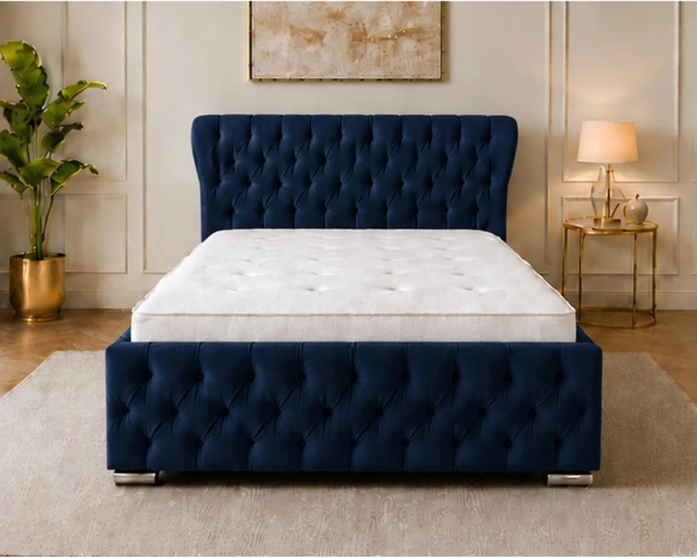 4 Premium blue Upholstered Bed Design Ink Blue Oxford Super King Bed – Sophisticated 6ft Upholstered Design with Mattress - Image 1