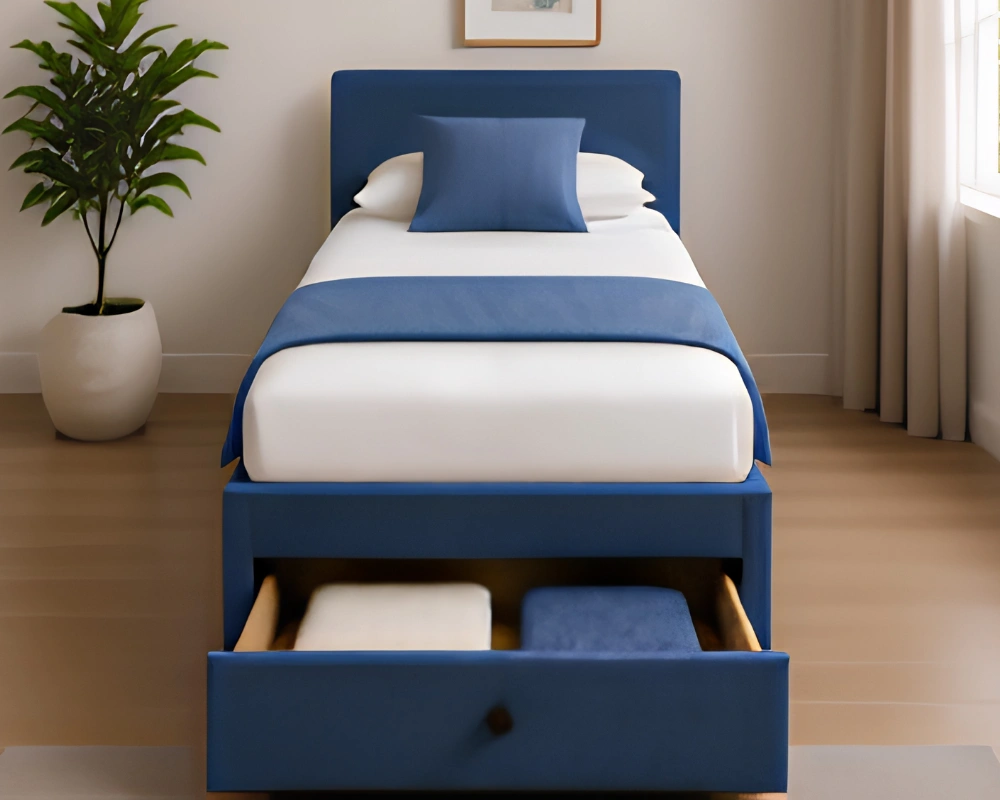 40 Blue Fabric Divan Navy Blue Single Divan – 90×190cm with Mattress & Drawers– 3ft Divan Base - Image 1