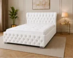 Snow White Oxford King Bed – Sophisticated 5ft Frame with Plush Upholstery & Mattress