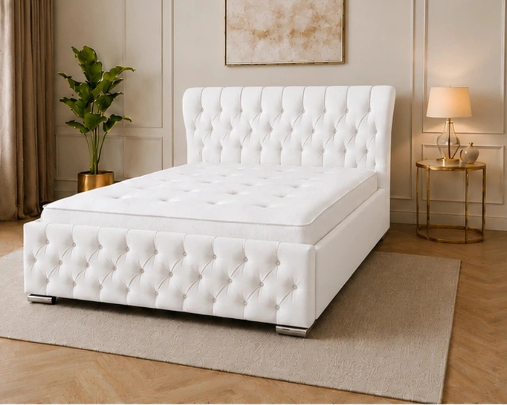 5 tufted Upholstered Bed – Modern Luxury Bed Frame Snow White Oxford King Bed – Sophisticated 5ft Frame with Plush Upholstery & Mattress - Image 1
