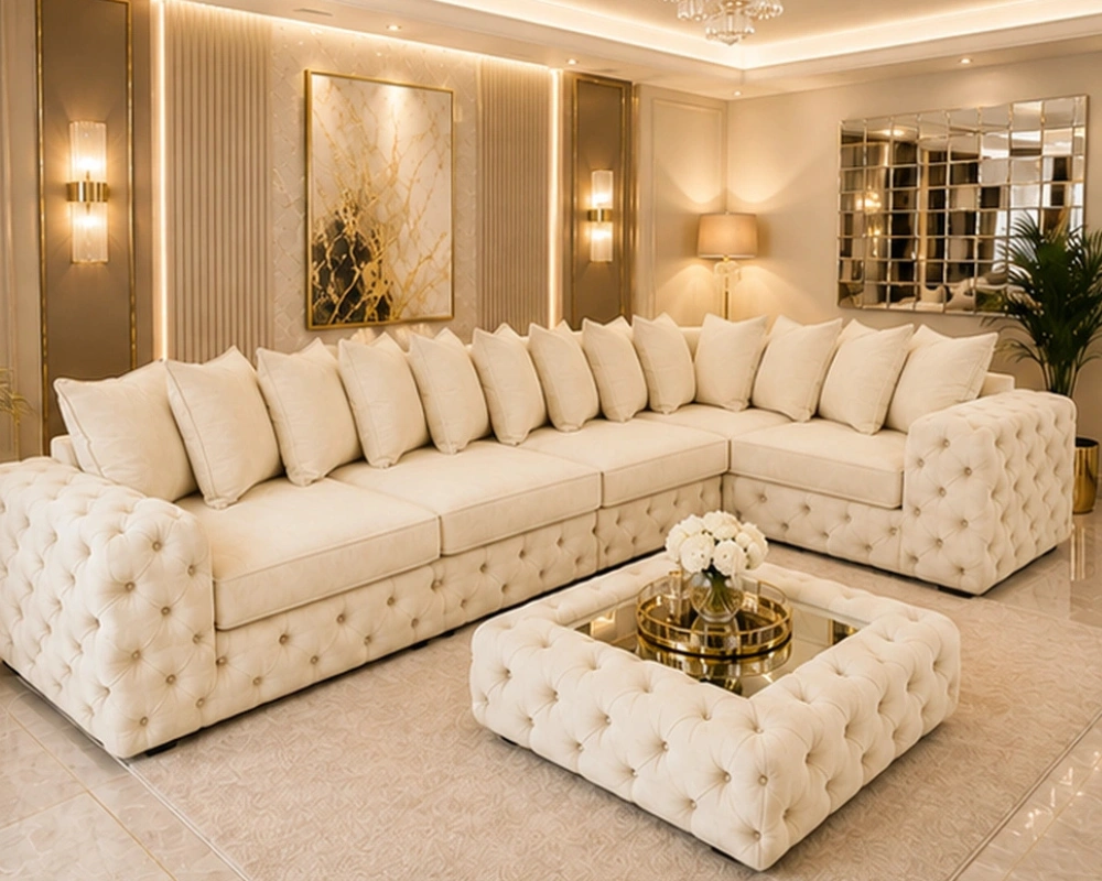 6 Contemporary Large Sectional for Upscale Living Room Styling Elegant Cream Corner Sofa Suite with Tufted Upholstery - Comfortable Deep Seating & Premium L Shaped Design - Image 1