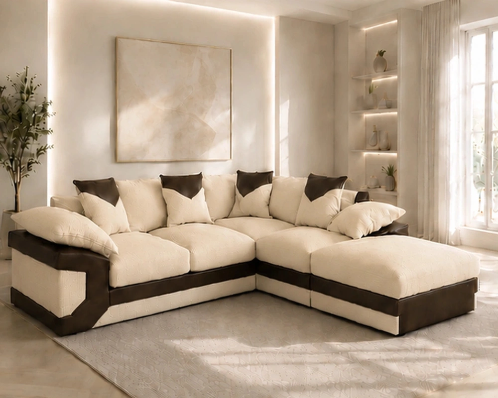 6 Elegant Modern 5 Seater Corner Sofa for Comfortable and Relaxed Living Rooms Dino 5 Seater Corner Sofa Cream Leather Touch - Modern L Shape Sofa - Image 1