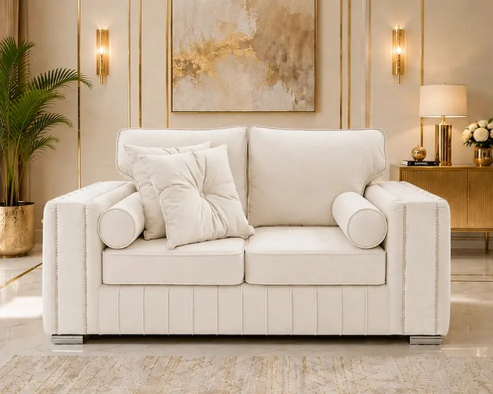 6 Elegant Premium 2 Seater Couch for Living Room Luxury 2 Seater Sofa – Off White Velvet Fabric with Gold Detail - Image 1