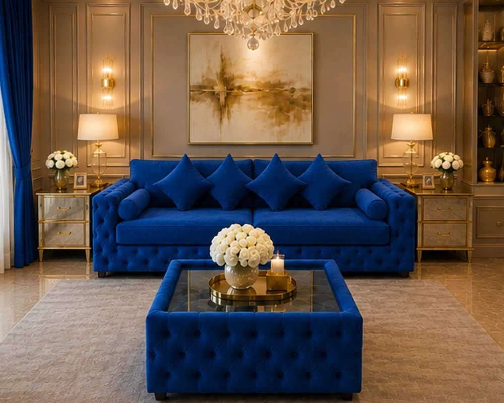 6 Graceful Three Seater Sofa for Comfortable Family Lounging Dark Blue Luxury Sofa 3 Seater - Classic Tufted Seating for Sophisticated Interiors - Image 1