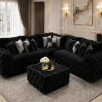 Black L Shape Corner Sofa – Luxury Tufted Lounge Sofa with Premium Finish