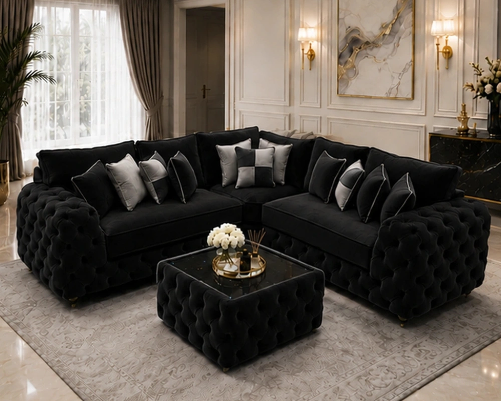 6 Luxury Chaise Sectional with Plush Upholstered Cushions and Arms Black L Shape Corner Sofa β Luxury Tufted Lounge Sofa with Premium Finish - Image 1