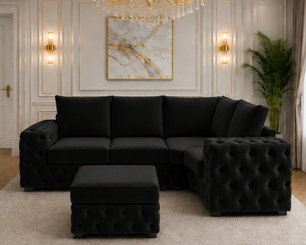 6 Spacious Designer Corner Sofa for Upscale Home Interiors 4 Seater Black Sofa – Premium Tufted Upholstery with Plush Seating - Image 1