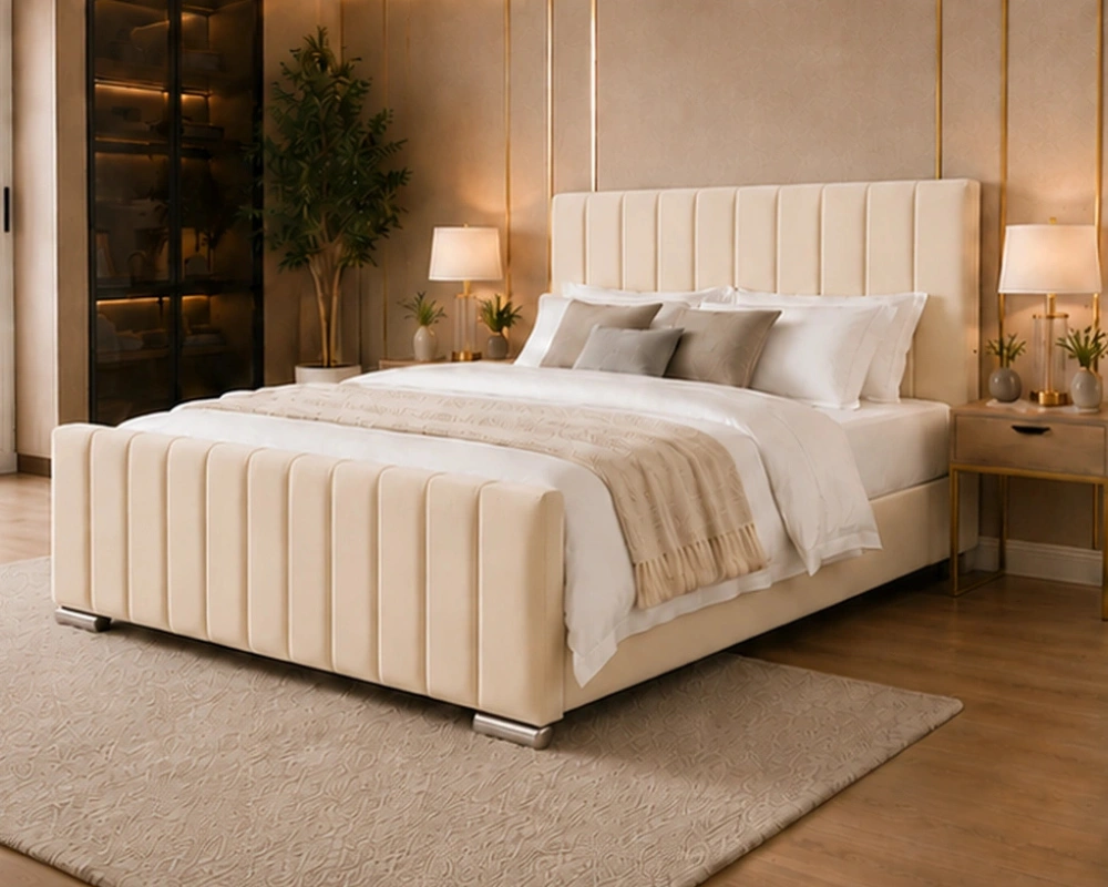 6 Stylish Upholstered Frame with Elegant Finish for Modern Bedroom Décor Luxury Super King Size Bed with Mattress - Panel Line Super King Size Bed with Mattress - Image 1