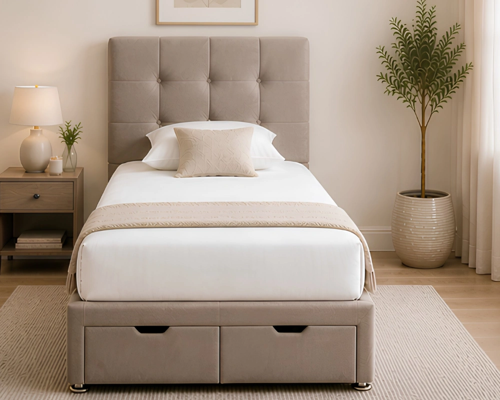 68 Luxury Taupe 3ft Divan Bed Mushroom Beige 3ft Divan – 90 × 190 cm with Quilted Finish & Drawers - Image 1