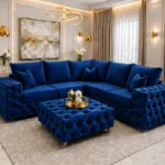 5 Seater Dark Blue Corner Sofa – Luxury Buttoned Living Room Sofa