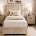 Latte Beige Upholstered Bed – 3ft -  90 × 190 cm with Mattress & Storage