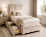 Latte Beige Upholstered Bed – 3ft -  90 × 190 cm with Mattress & Storage - Image 4