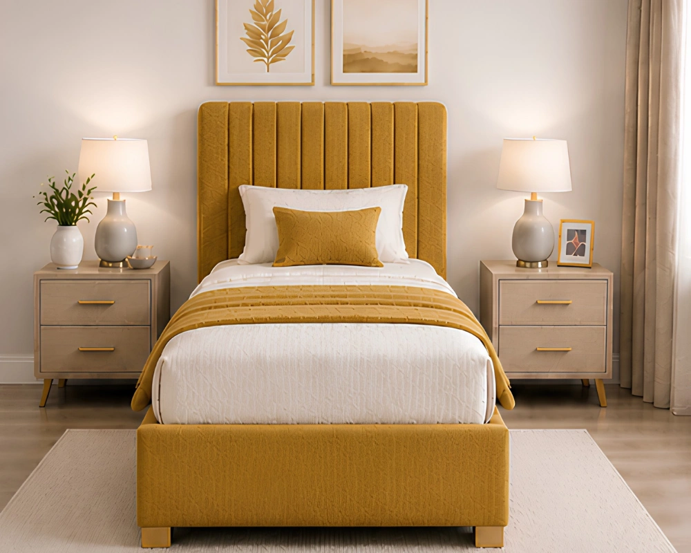 79 Gold Yellow 3ft Divan Bed Champagne Gold 3ft Divan – 90 × 190 cm with Padded Finish & Drawer Storage - Image 1