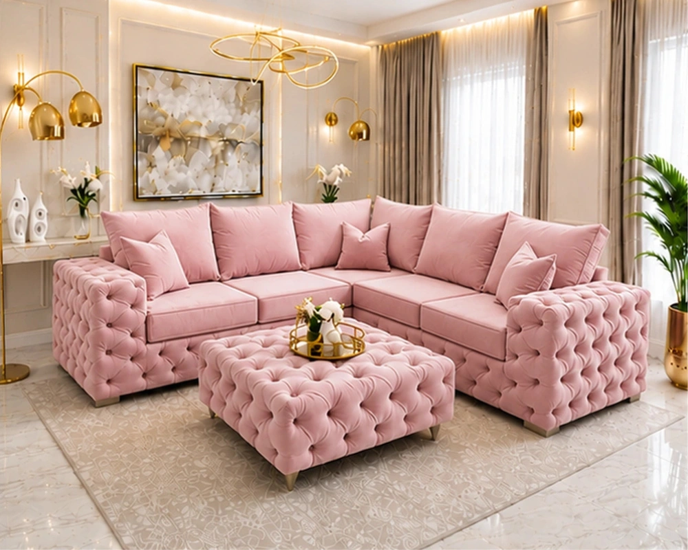 8 Contemporary Designer L Shaped Seating Suite for Family Interiors Luxury 5 Seater Pink Corner Sofa – Stylish Chesterfield Living Room Suite - Image 1