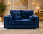 Modern 2 Seater Sofa – Elegant Dark Blue Velvet Sofa with Cushioned Back & Gold Detail