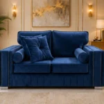 Modern 2 Seater Sofa – Elegant Dark Blue Velvet Sofa with Cushioned Back & Gold Detail