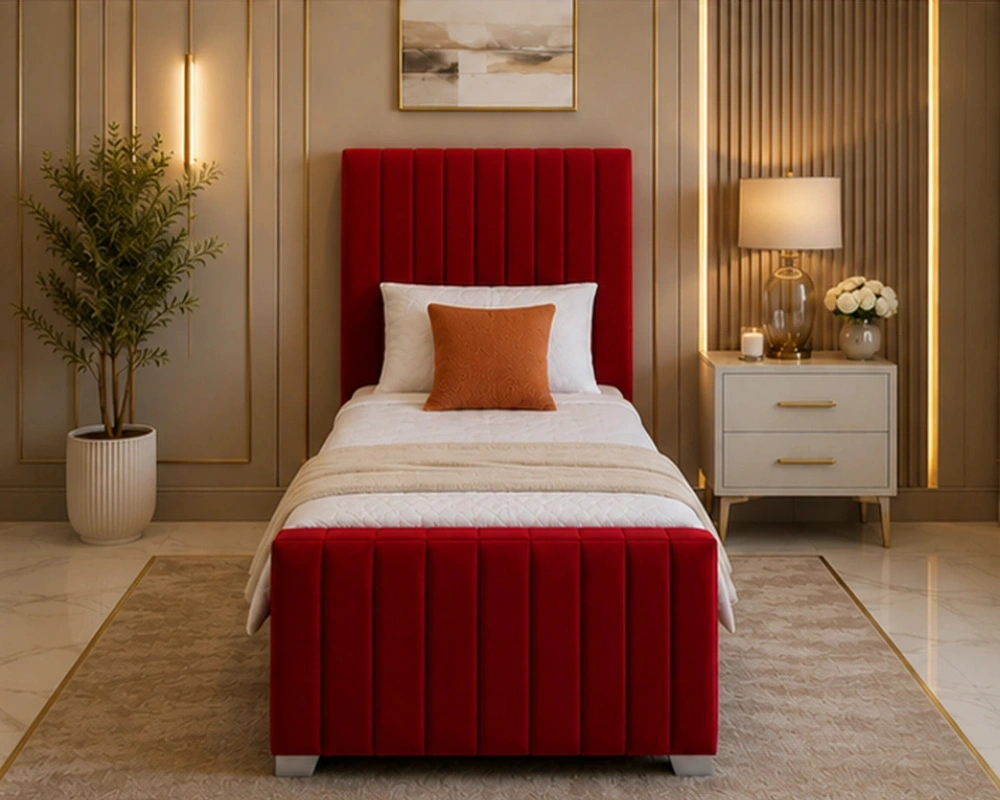 8 Practical Modern Single Bed with Smart Headboard and Quality Construction for Bedroom Use Red Single Panel Bed – Modern Panel Headboard Single Bed with Mattress - Image 1