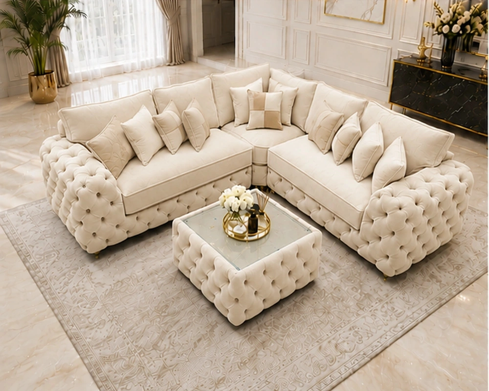 8 Premium Corner Lounge Design with Graceful Quilted Upholstery Luxury Cream Corner Sofa L Shape – Plush Designer Sofa with Sophisticated Finish - Image 1