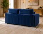 Modern 2 Seater Sofa – Elegant Dark Blue Velvet Sofa with Cushioned Back & Gold Detail - Image 3
