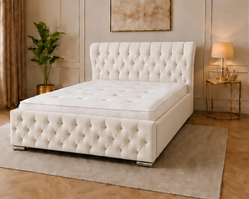 8 off white Modern Elegant Bedroom Furniture Vanilla Cream King Oxford Bed – Contemporary Luxury Headboard with Comfortable Mattress - Image 1
